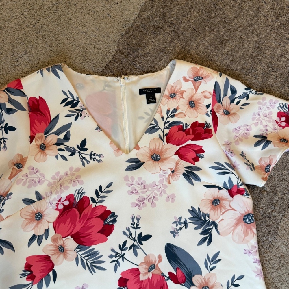 Ann Taylor Petite Floral Shift Dress Cream Red Pink V-Neck Short Sleeve XSP - Picture 3 of 7